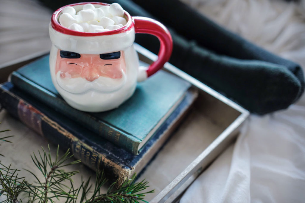 image of a Santa mug full of marshmallows sitting on a stack of books